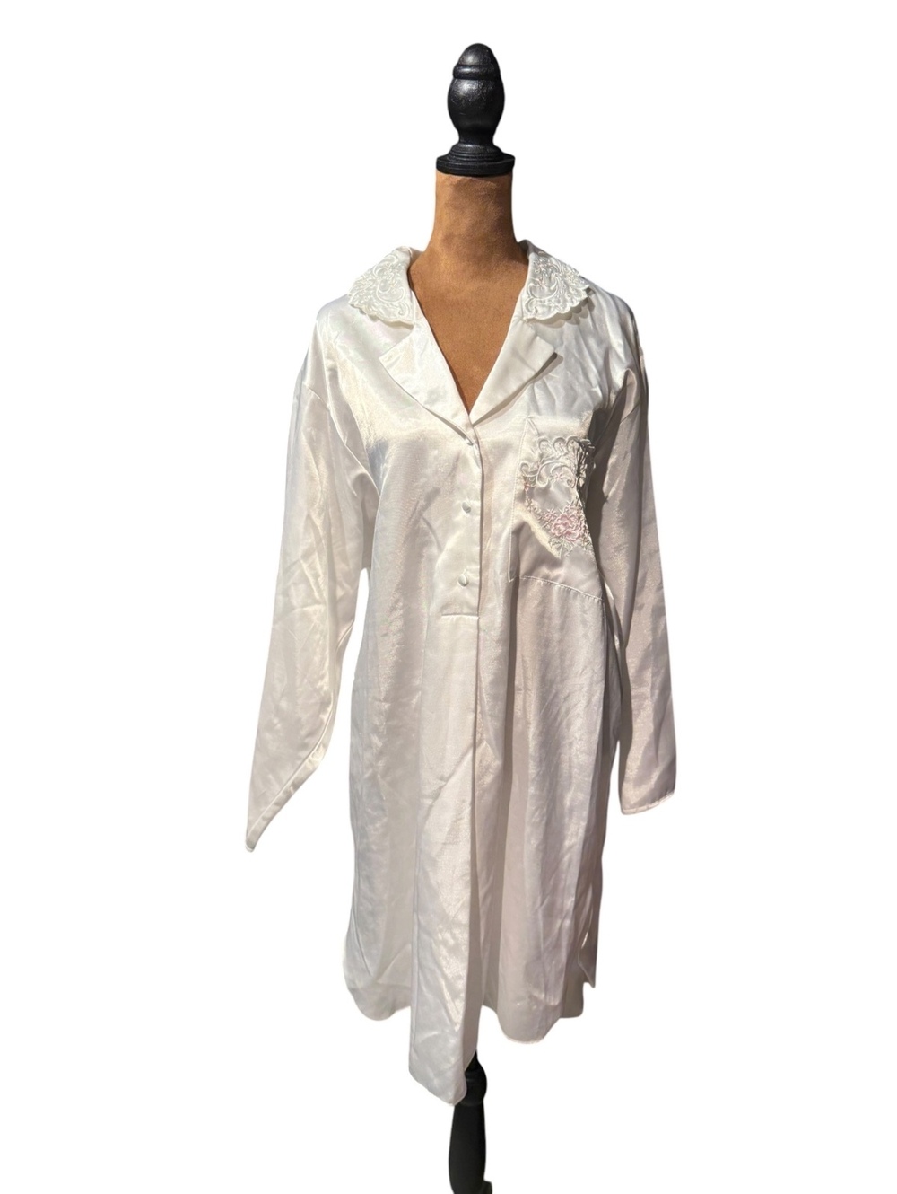 Vintage Etienne Ivory Satin Nightgown with Lace Collar